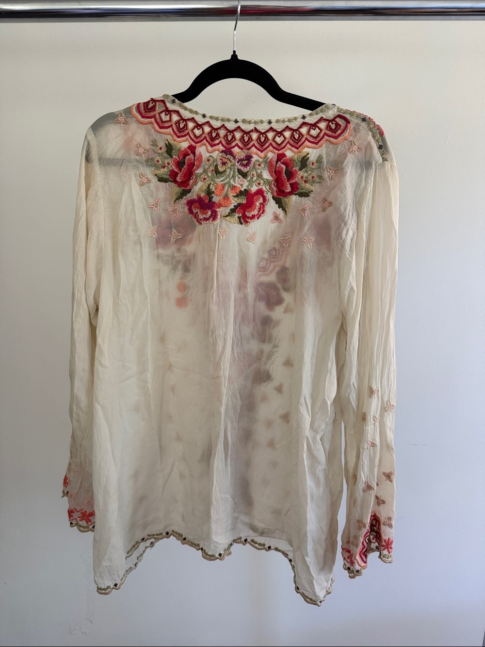 Johnny Was Christabella Cream Blouse with Pink, Red and Green Floral Embroidery - Picture 5 of 6